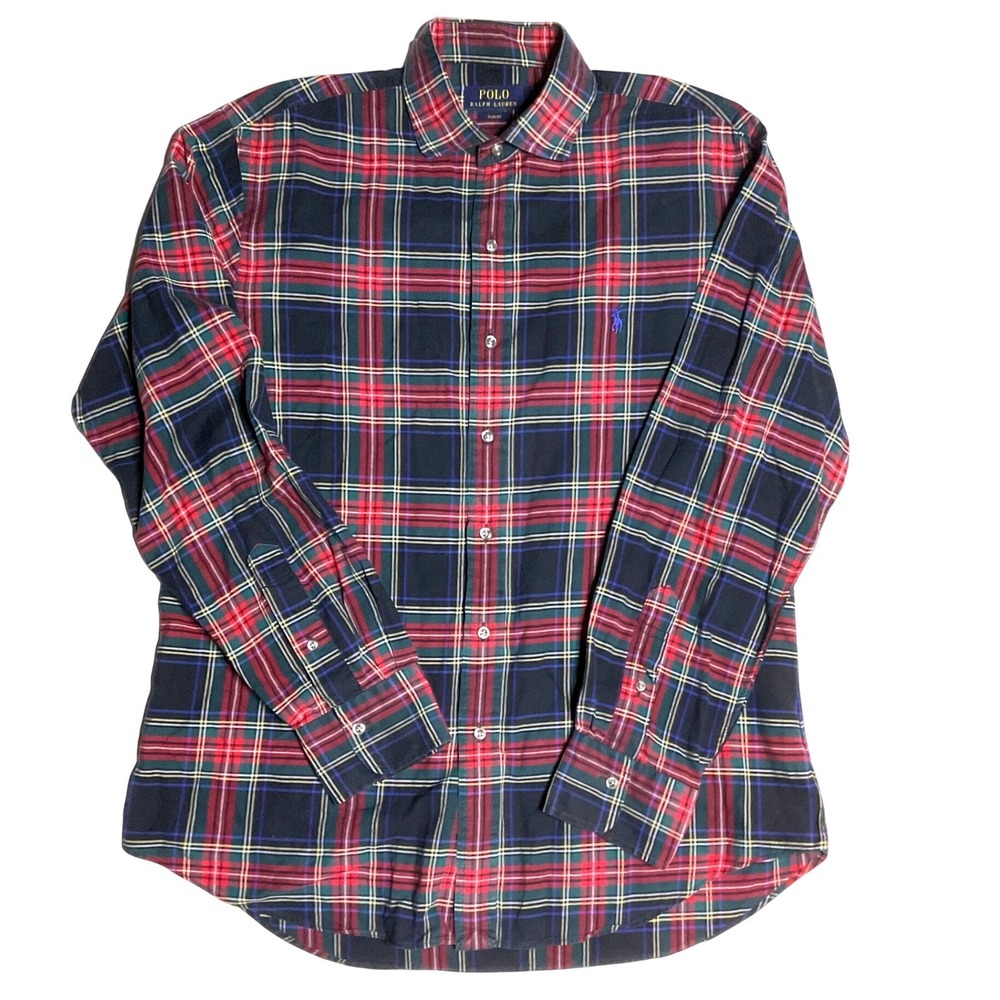 Polo Ralph Lauren men's tartan plaid button shirt slim fit cotton red blue Large